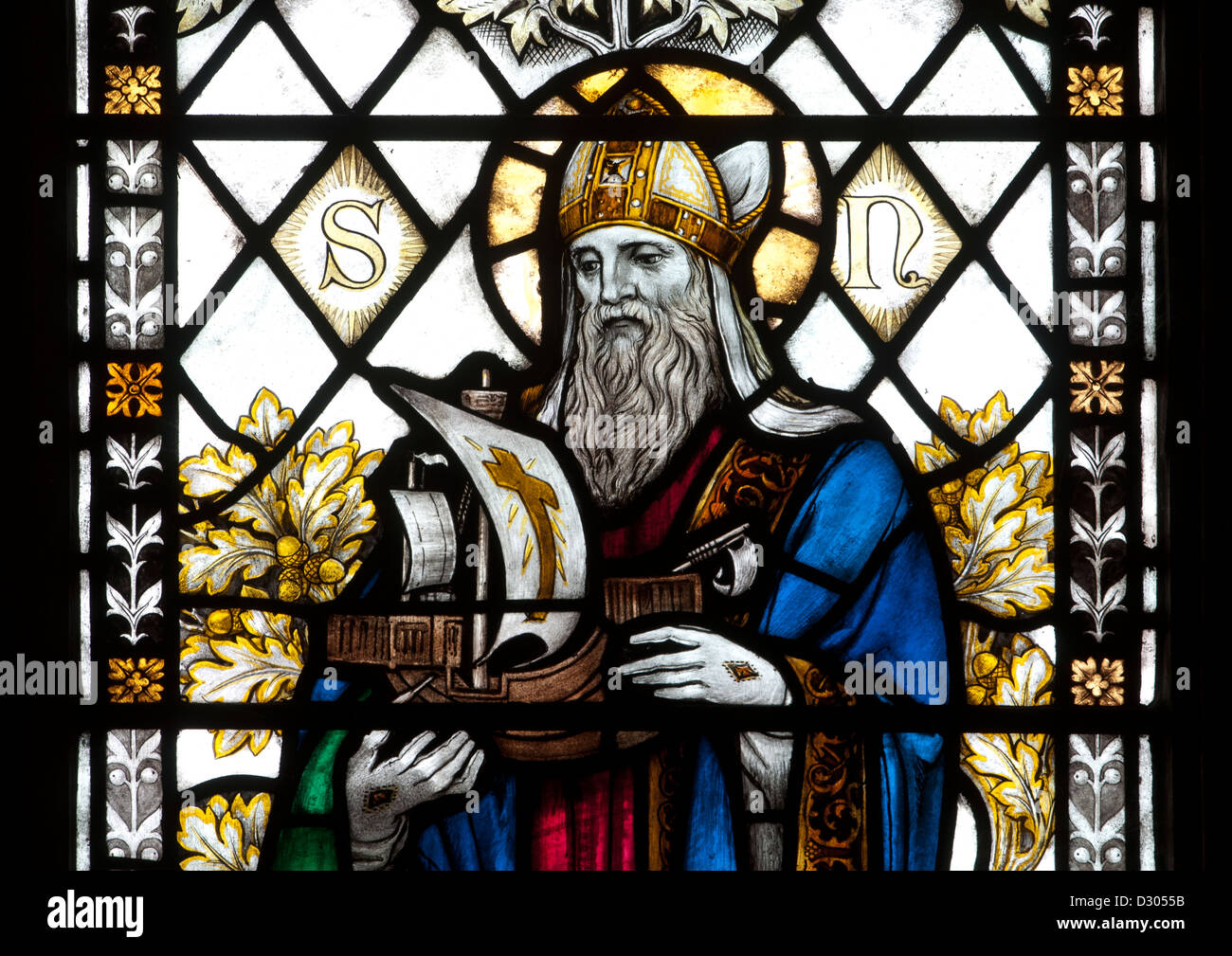 Saint Nicholas stained glass, St. Andrew`s Church, Toddington, Gloucestershire, England, UK Stock Photo